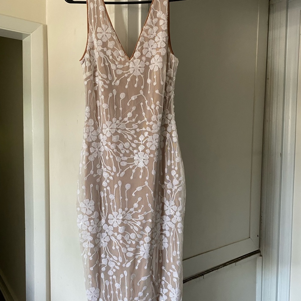 SHEIN Floral Embroidered Midi Dress - White and Tan